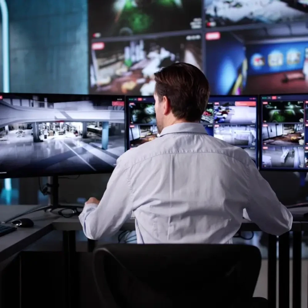 Security Guard Monitoring CCTV Feed